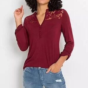 Neon Soul (Size L) Burgundy/Maroon Button Henley Crochet Detail Top
